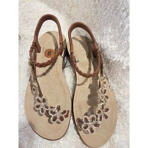 ANDIAMO Brown Floral Rhinestone Flat Sandals with Ankle Strap Size 8.5